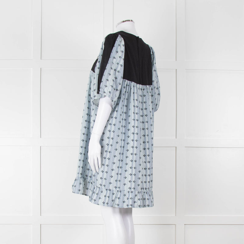 Batsheva Blue Black Floral Striped Cotton Short Dress