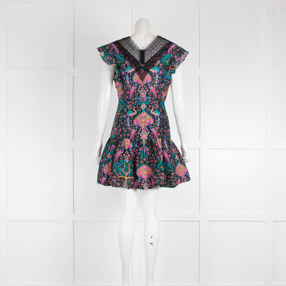 Sandro Black Floral Pattern Lace V Neck Mini Dress