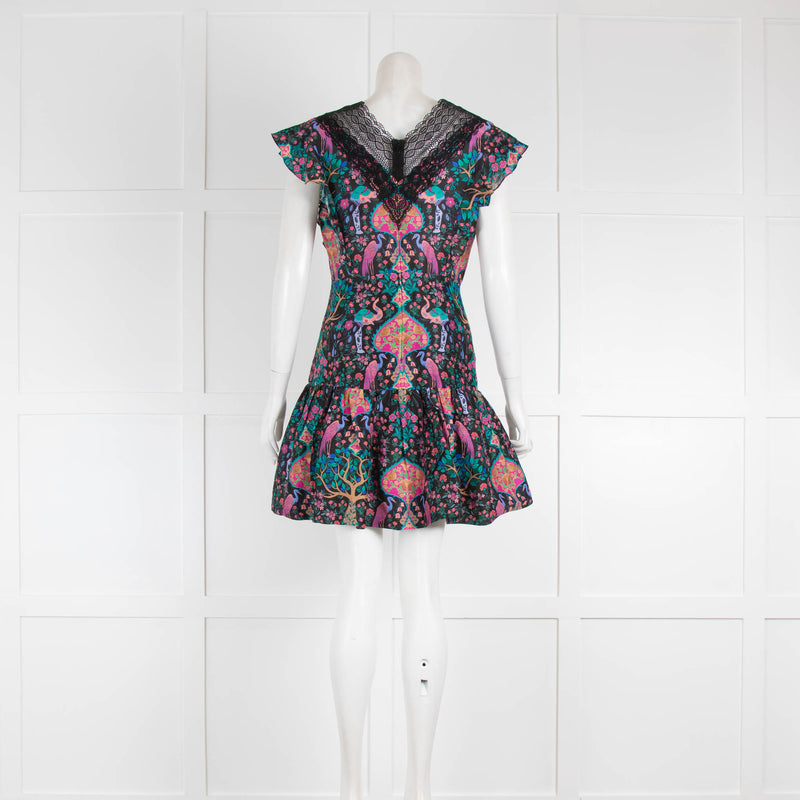 Sandro Black Floral Pattern Lace V Neck Mini Dress