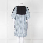 Batsheva Blue Black Floral Striped Cotton Short Dress