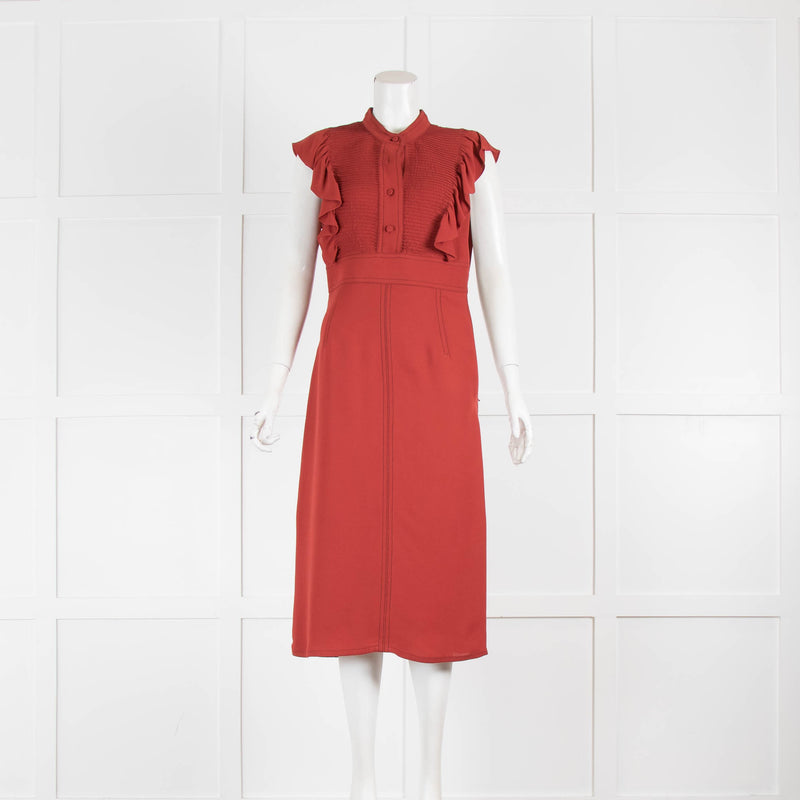 Burberry Berry Red Pleat Front Frill Shoulder Dress