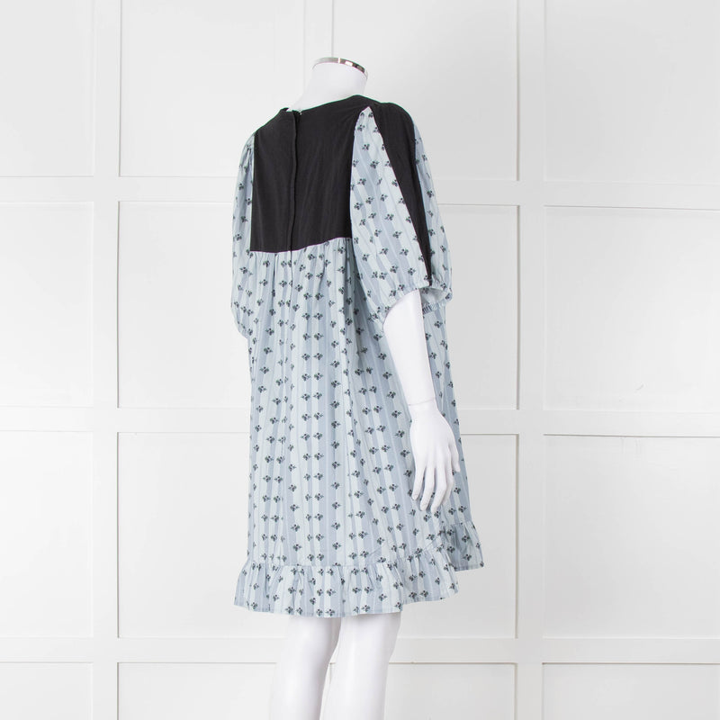 Batsheva Blue Black Floral Striped Cotton Short Dress