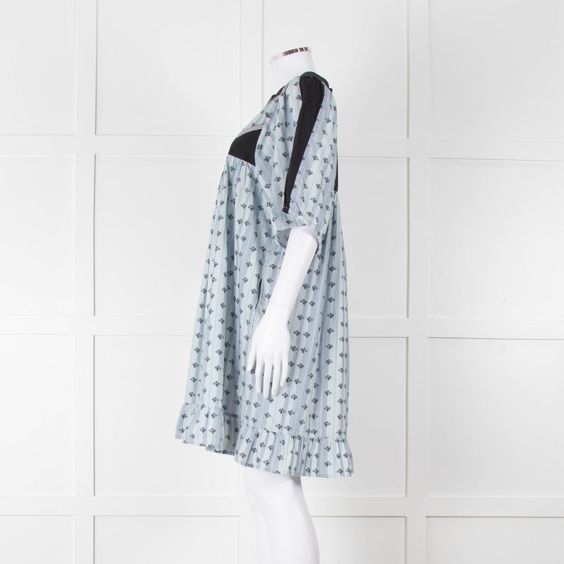 Batsheva Blue Black Floral Striped Cotton Short Dress