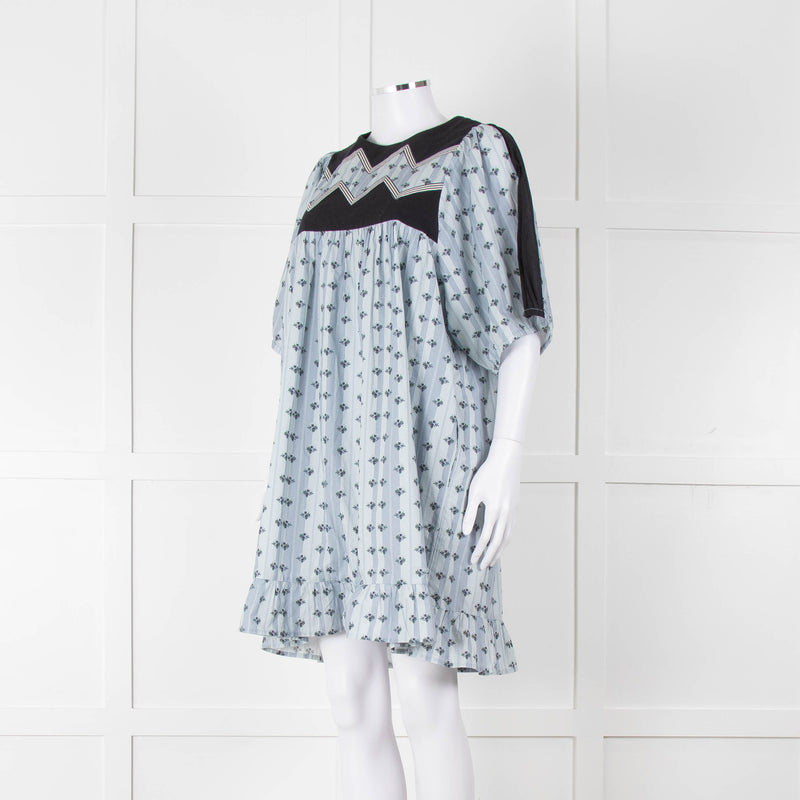 Batsheva Blue Black Floral Striped Cotton Short Dress