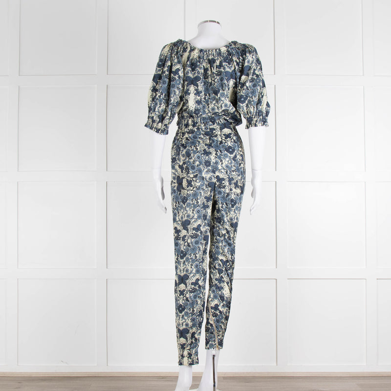 Anna Mason Cream Blue Floral Elasticated Trim Cropped Top