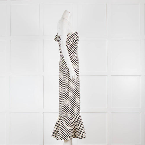 Saloni White and Black Polka Dot One Shoulder Midi Dres