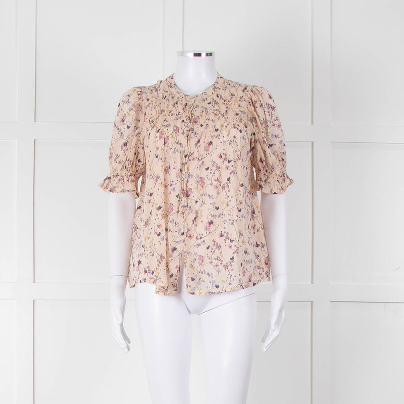 BA & SH Beige Purple Fine Cotton Puff Sleeve Top