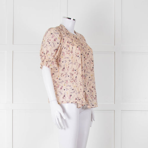 BA & SH Beige Purple Fine Cotton Puff Sleeve Top