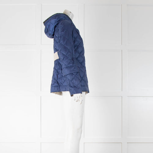 S Max Mara Blue Ecru Bead Trim Hooded Reversible Jacket