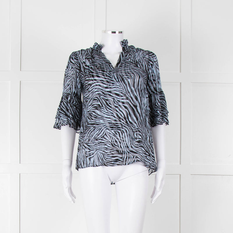 Michael By Michael Kors Blue Black Zebra Print  Ruffled Sleeve Top