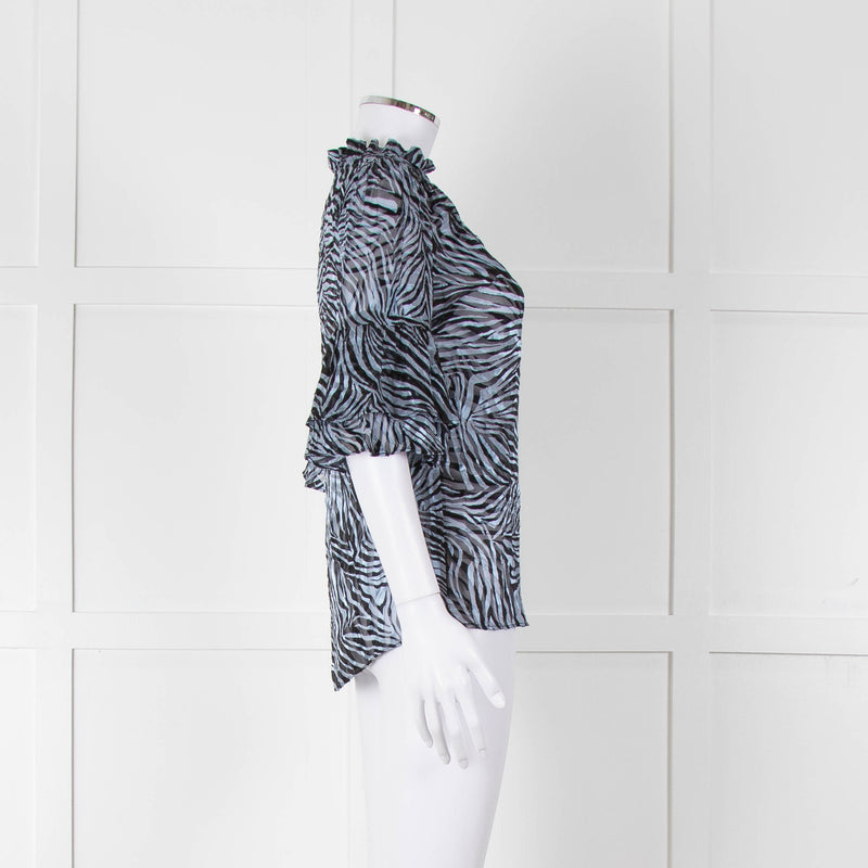 Michael By Michael Kors Blue Black Zebra Print  Ruffled Sleeve Top