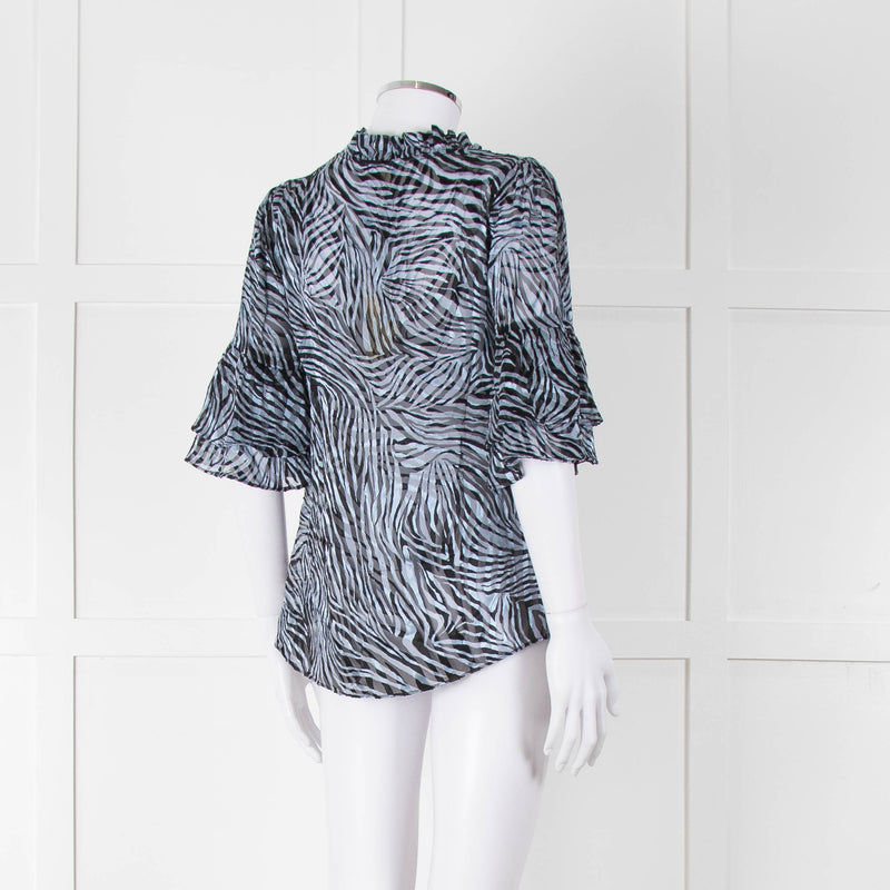 Michael By Michael Kors Blue Black Zebra Print  Ruffled Sleeve Top