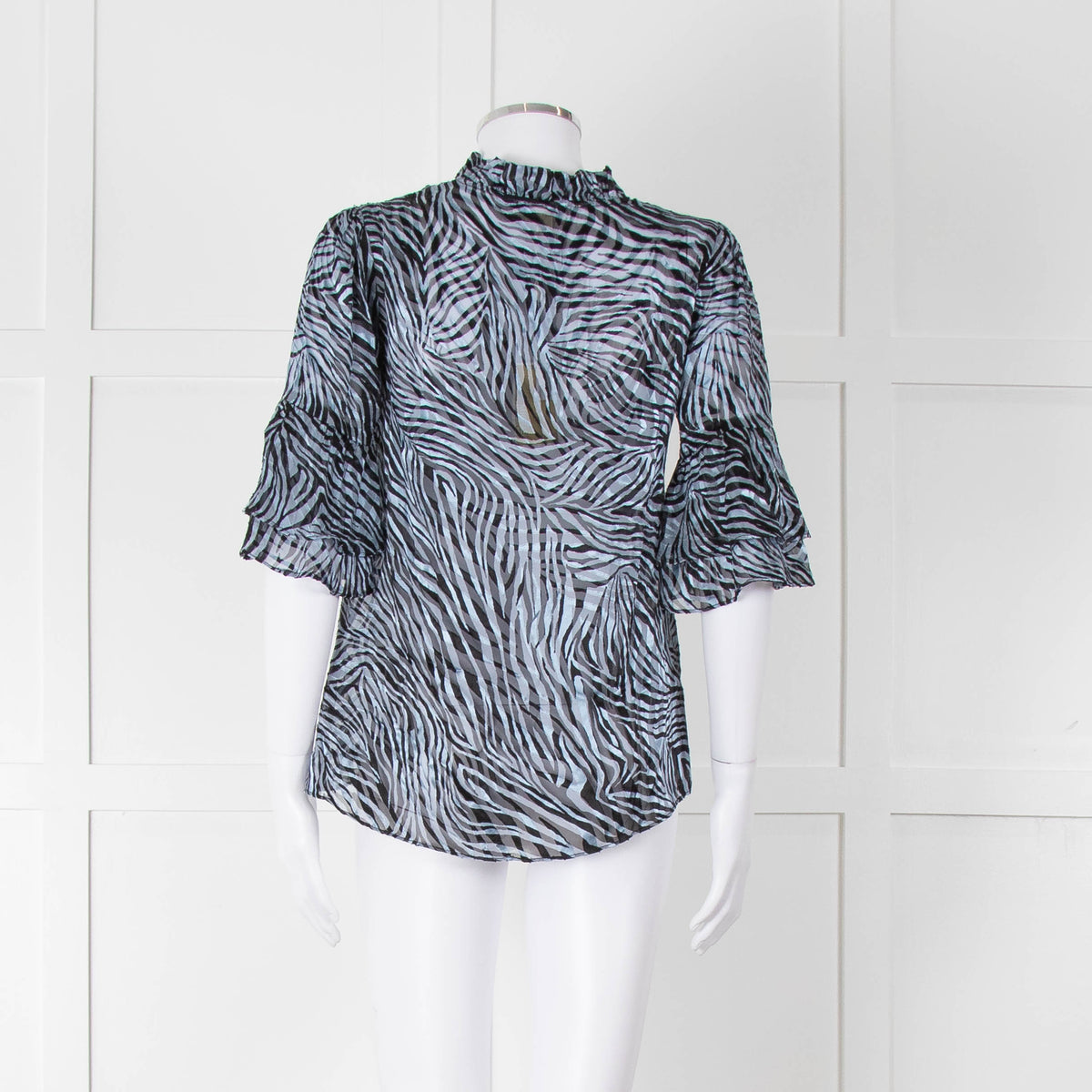 Michael By Michael Kors Blue Black Zebra Print  Ruffled Sleeve Top