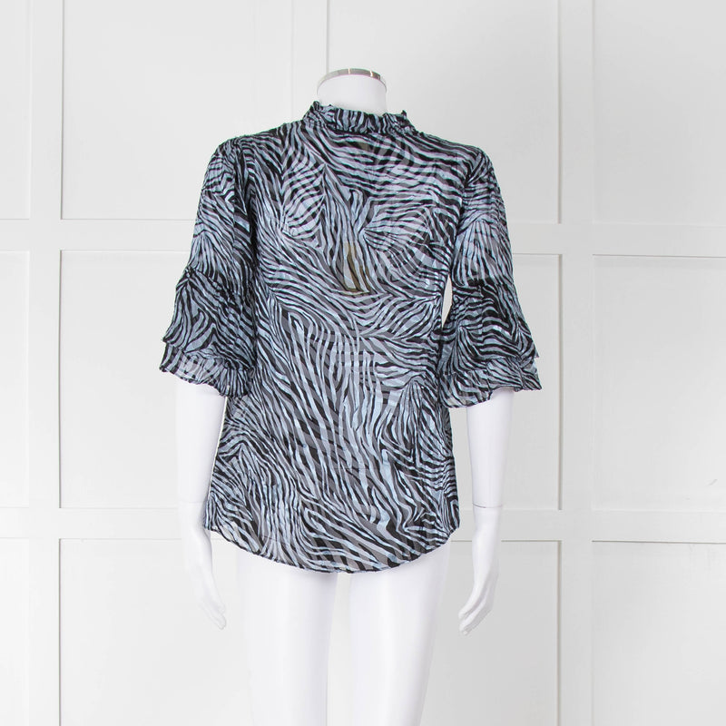 Michael By Michael Kors Blue Black Zebra Print  Ruffled Sleeve Top