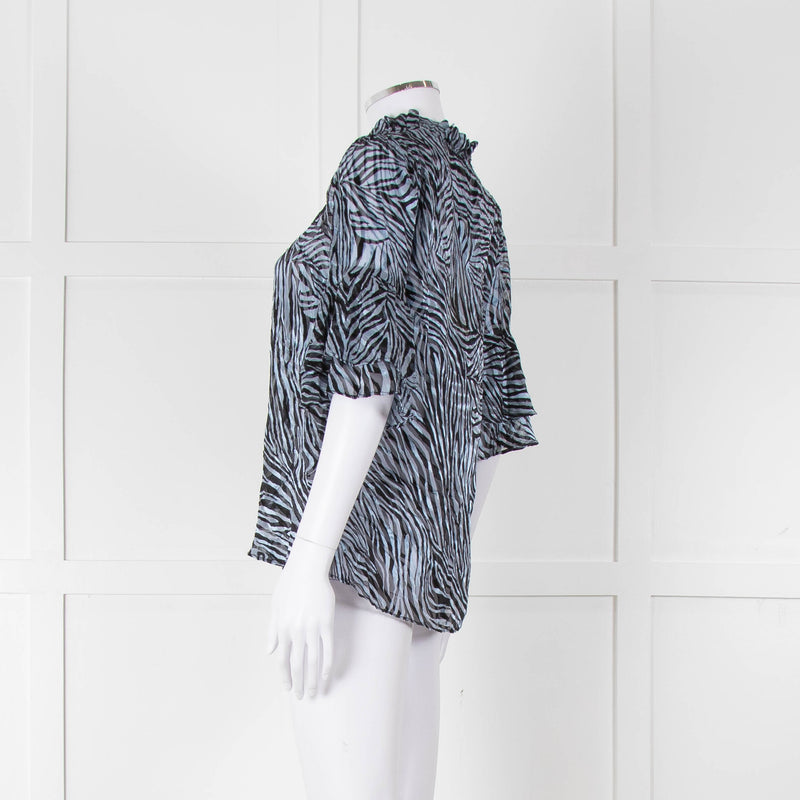 Michael By Michael Kors Blue Black Zebra Print  Ruffled Sleeve Top