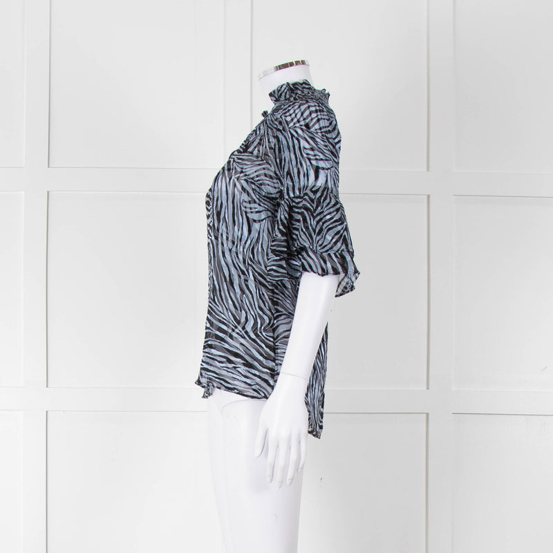 Michael By Michael Kors Blue Black Zebra Print  Ruffled Sleeve Top