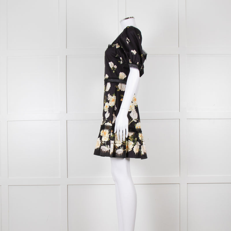 Alice + Olivia Black and Yellow Lace Trim Mini Dress