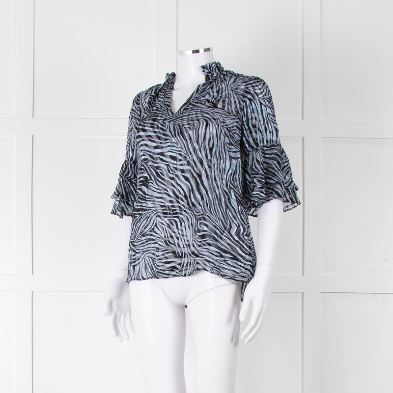Michael By Michael Kors Blue Black Zebra Print  Ruffled Sleeve Top