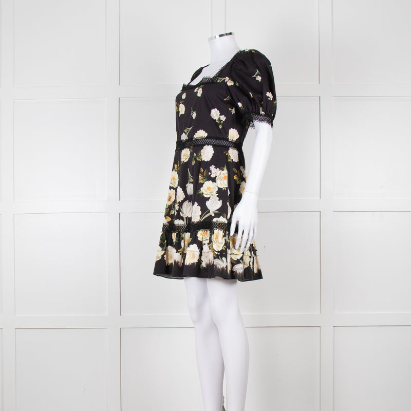 Alice + Olivia Black and Yellow Lace Trim Mini Dress