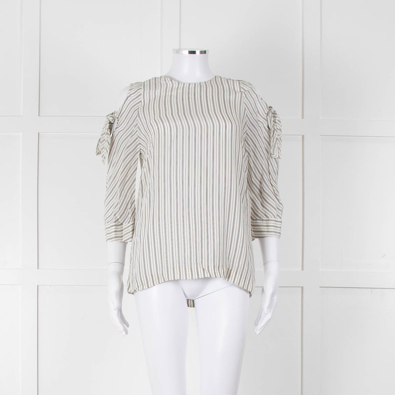 Sandro White Black Pin Striped Cut Out Shoulder Top