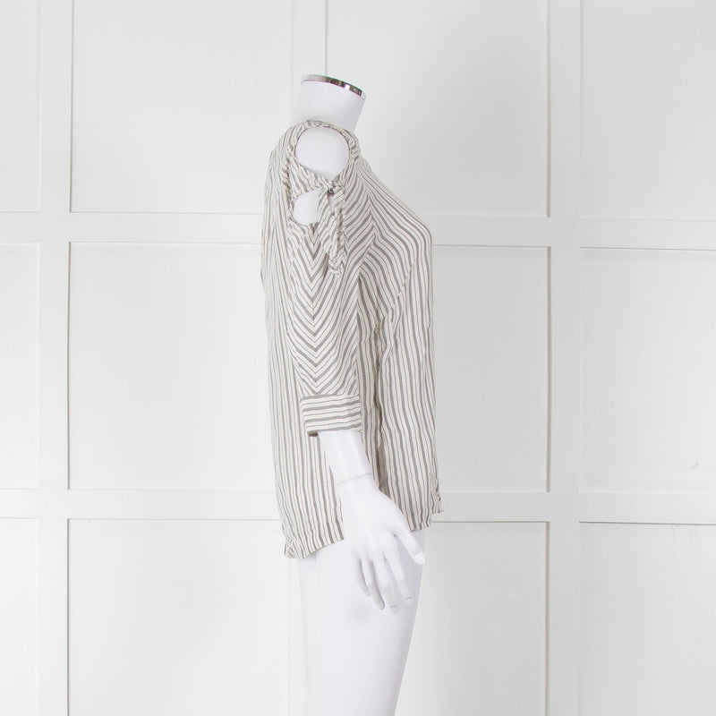Sandro White Black Pin Striped Cut Out Shoulder Top