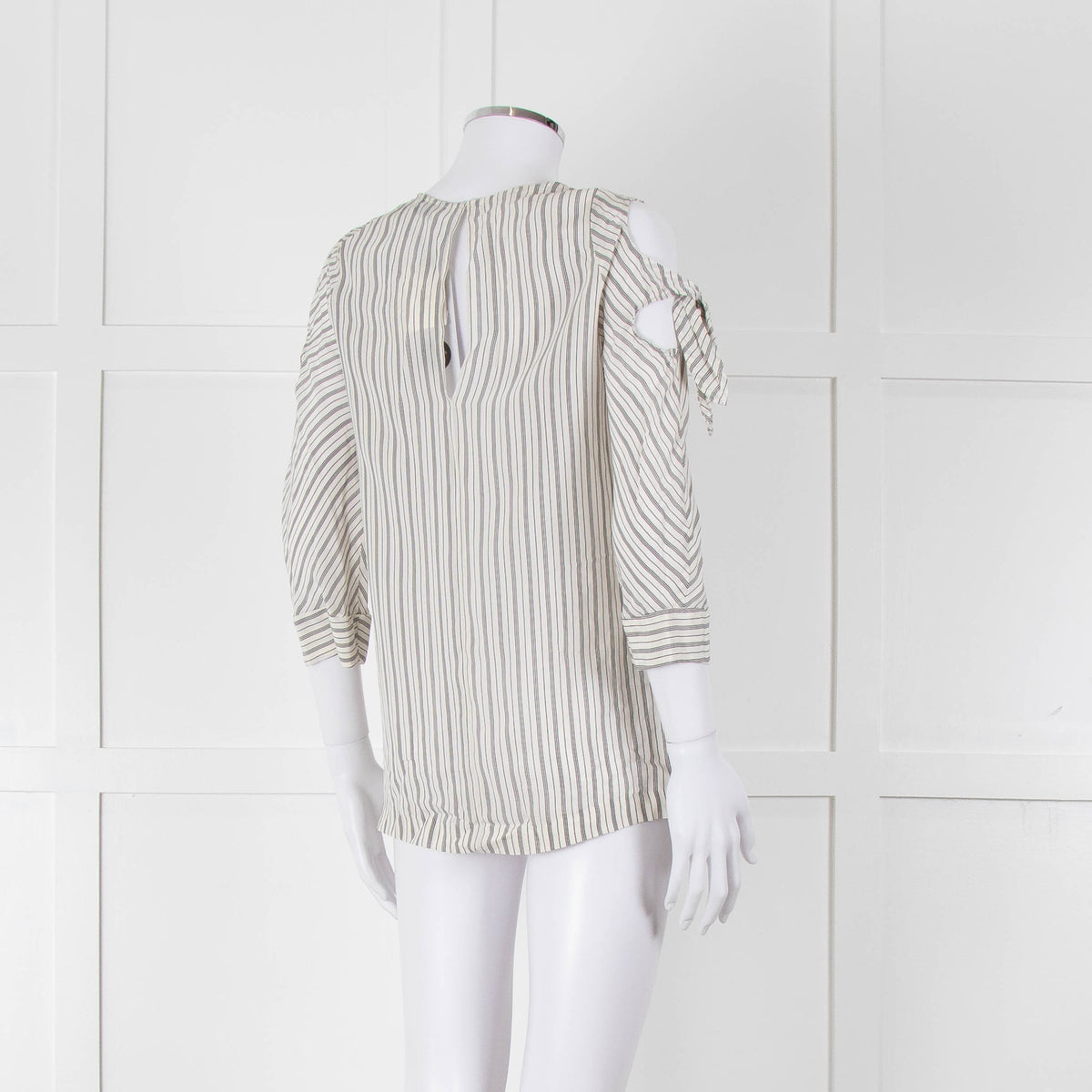 Sandro White Black Pin Striped Cut Out Shoulder Top