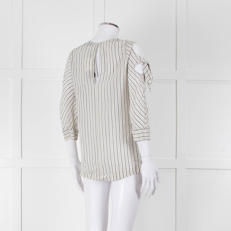 Sandro White Black Pin Striped Cut Out Shoulder Top