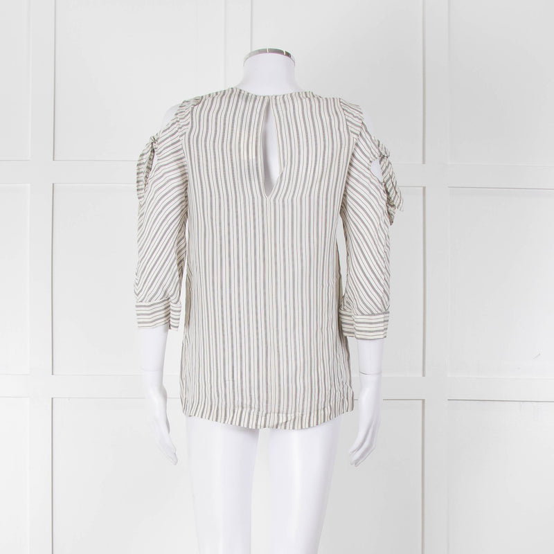 Sandro White Black Pin Striped Cut Out Shoulder Top