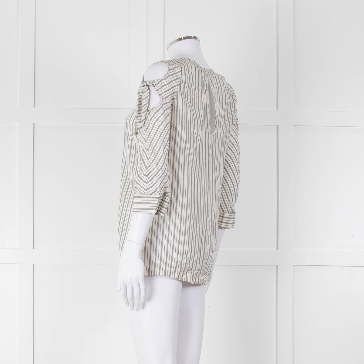 Sandro White Black Pin Striped Cut Out Shoulder Top