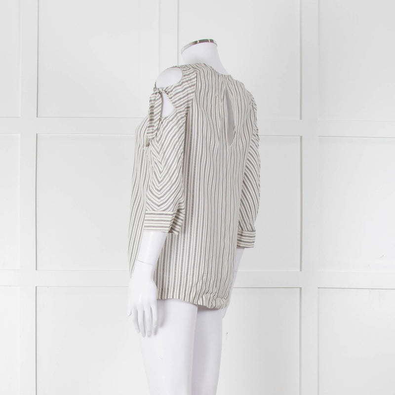 Sandro White Black Pin Striped Cut Out Shoulder Top