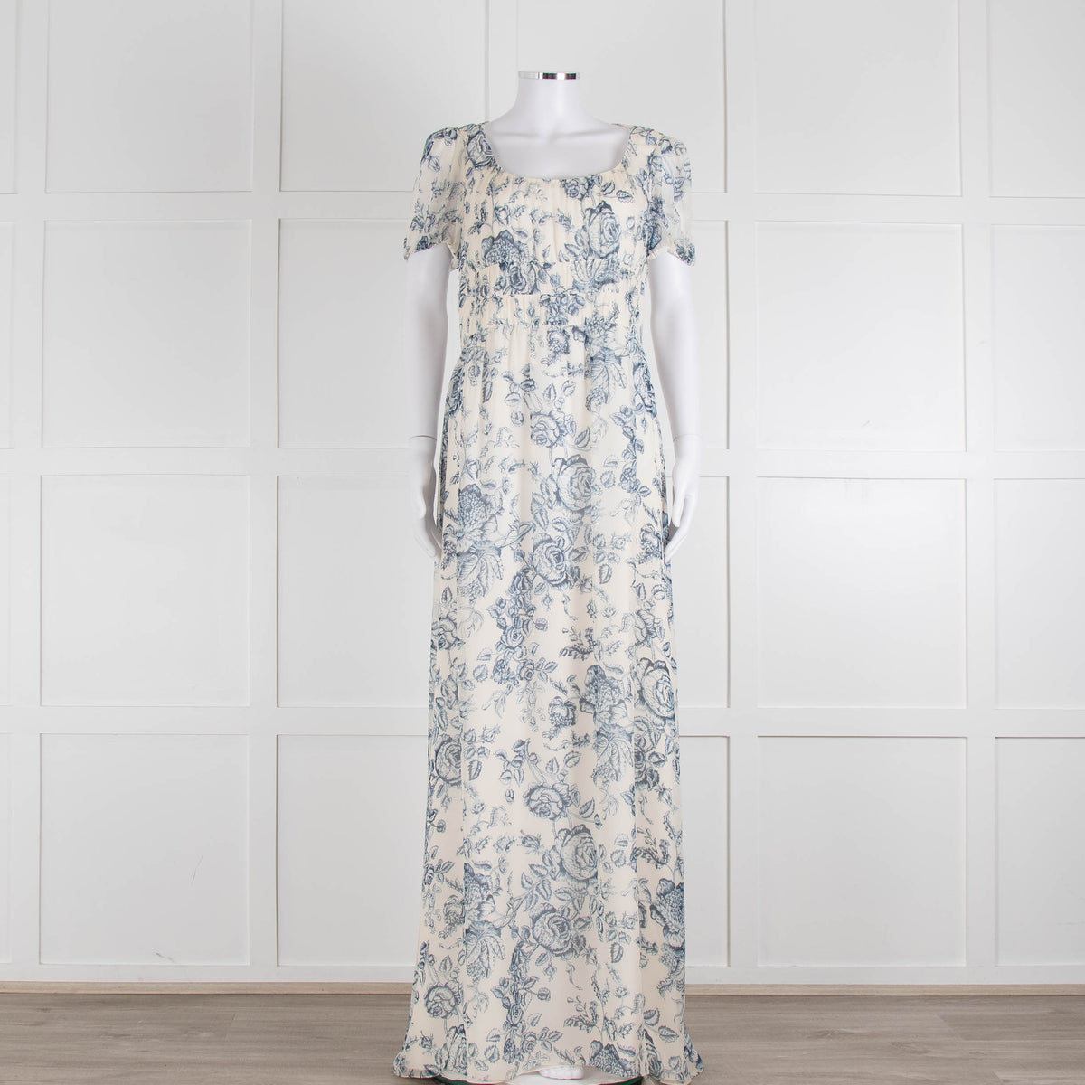 Erdem Cream Blue Floral Silk Short Sleeve Maxi Dress