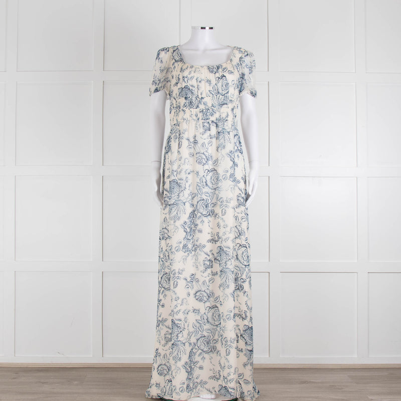 Erdem Cream Blue Floral Silk Short Sleeve Maxi Dress