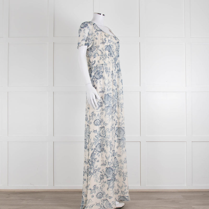 Erdem Cream Blue Floral Silk Short Sleeve Maxi Dress