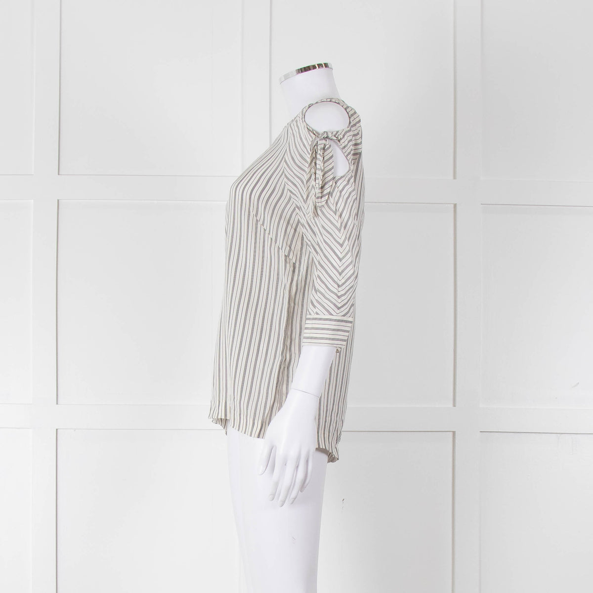 Sandro White Black Pin Striped Cut Out Shoulder Top