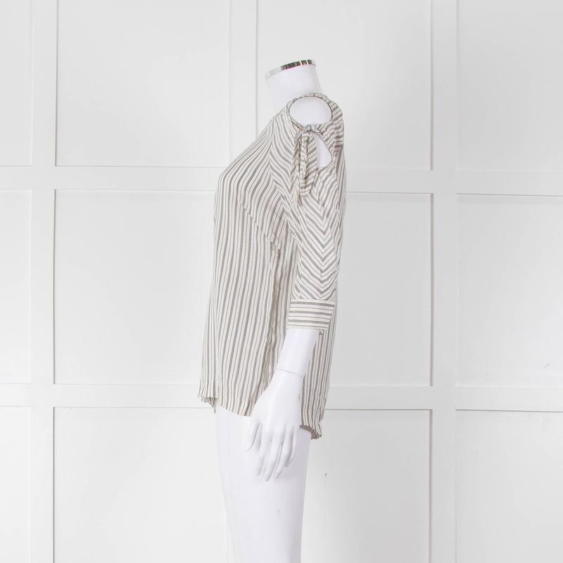 Sandro White Black Pin Striped Cut Out Shoulder Top