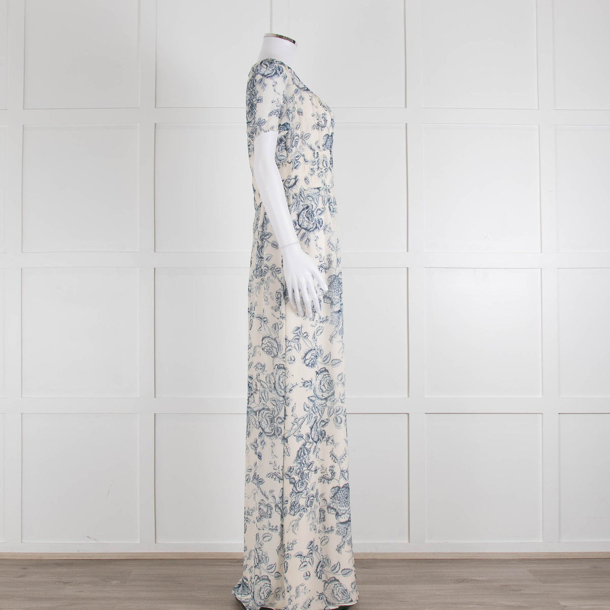 Erdem Cream Blue Floral Silk Short Sleeve Maxi Dress
