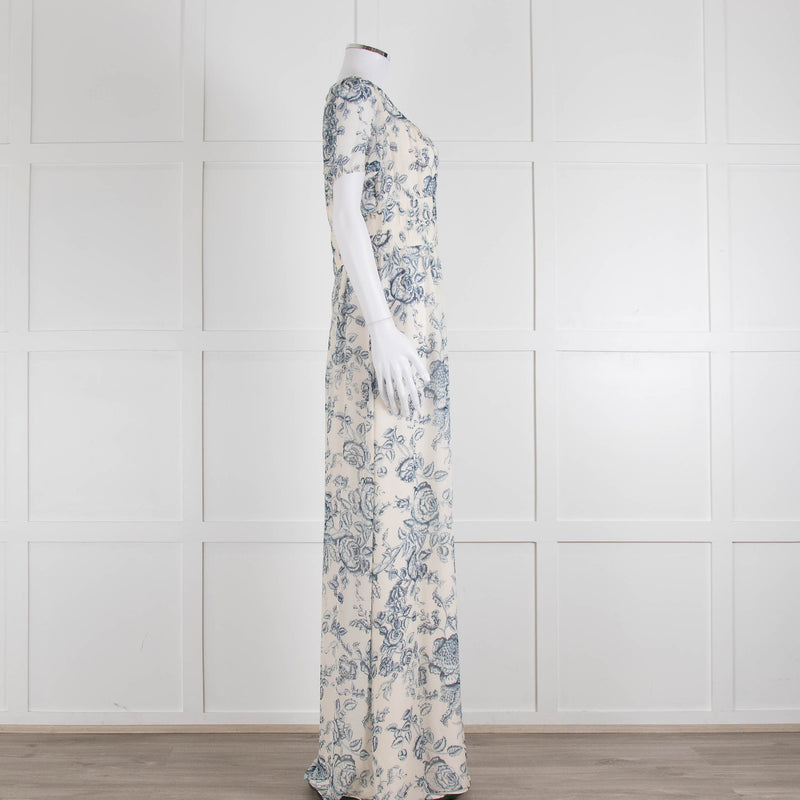 Erdem Cream Blue Floral Silk Short Sleeve Maxi Dress