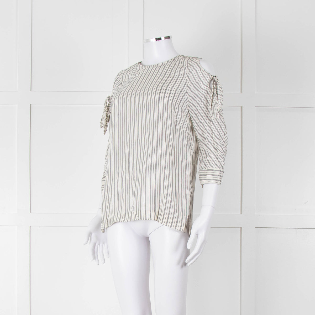 Sandro White Black Pin Striped Cut Out Shoulder Top