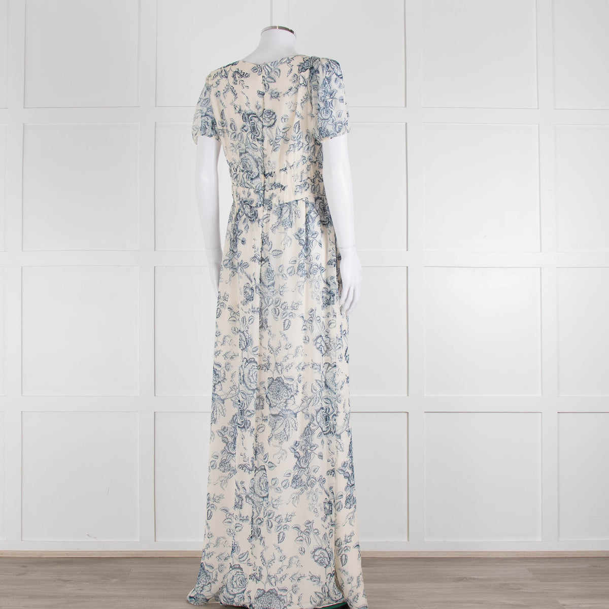 Erdem Cream Blue Floral Silk Short Sleeve Maxi Dress