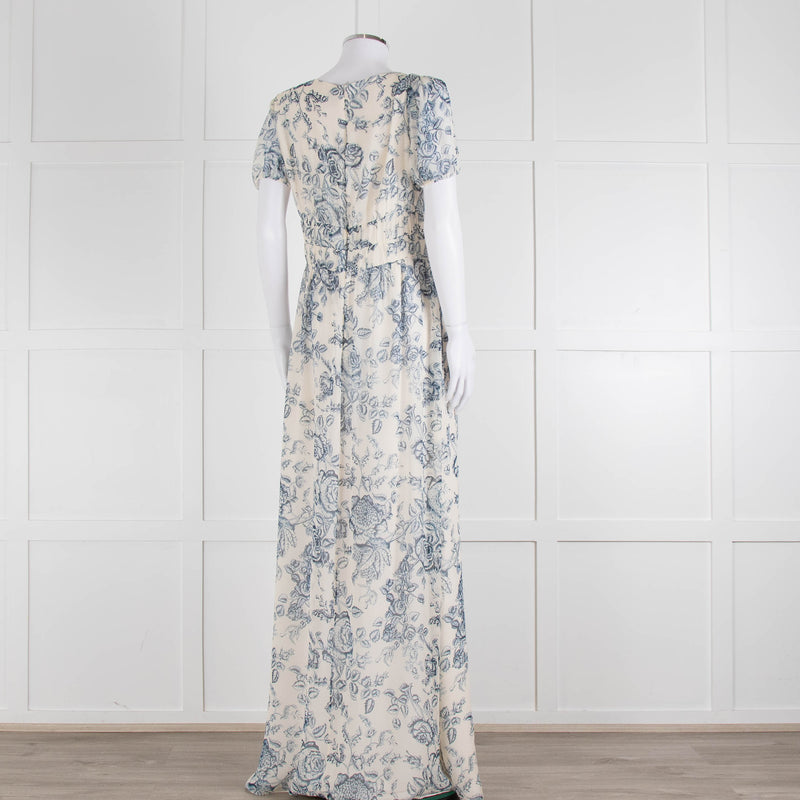Erdem Cream Blue Floral Silk Short Sleeve Maxi Dress