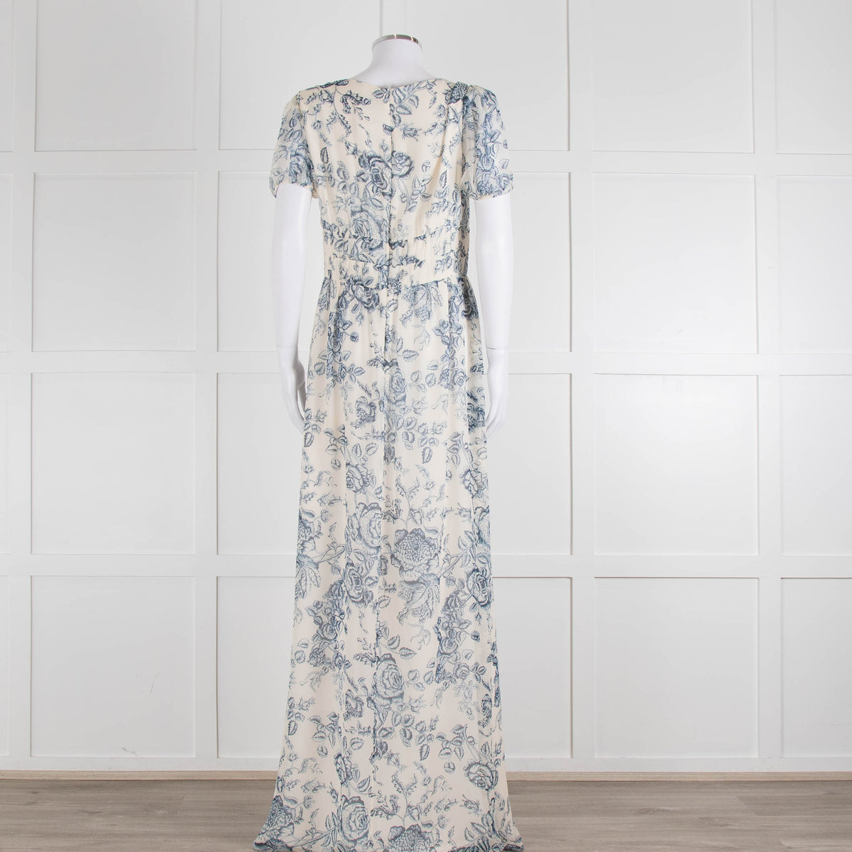 Erdem Cream Blue Floral Silk Short Sleeve Maxi Dress