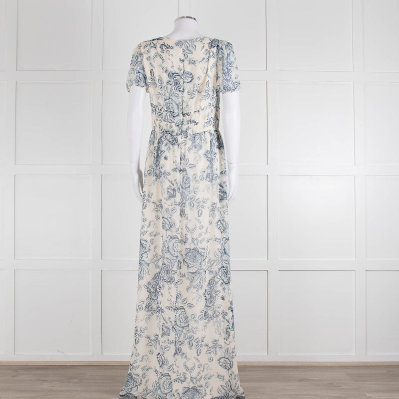 Erdem Cream Blue Floral Silk Short Sleeve Maxi Dress