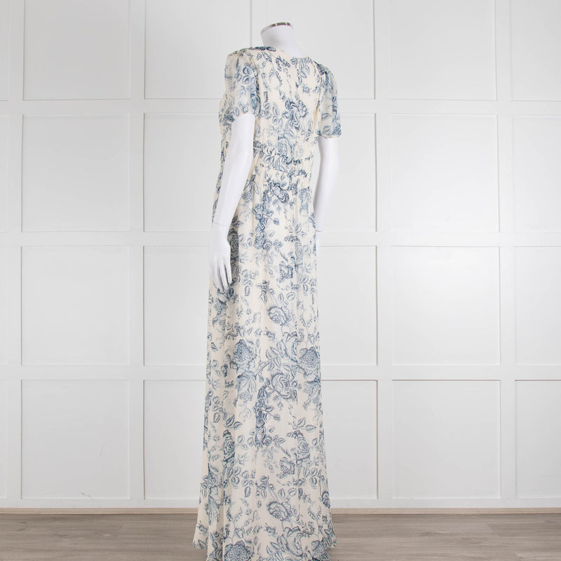 Erdem Cream Blue Floral Silk Short Sleeve Maxi Dress