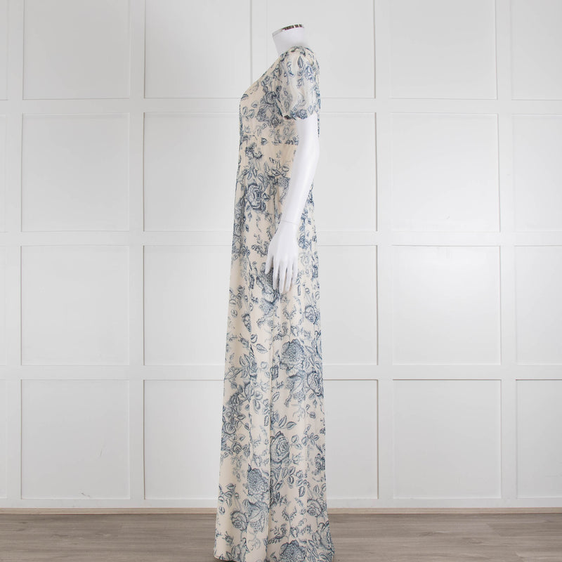 Erdem Cream Blue Floral Silk Short Sleeve Maxi Dress