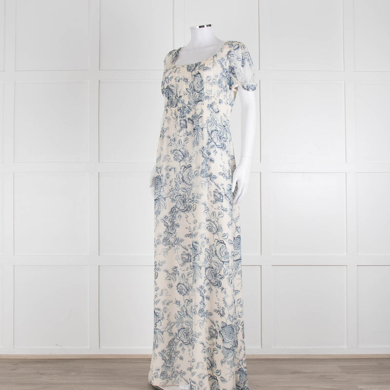 Erdem Cream Blue Floral Silk Short Sleeve Maxi Dress