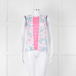 Sandro White Neon Pink Lace Front Sleeveless Top