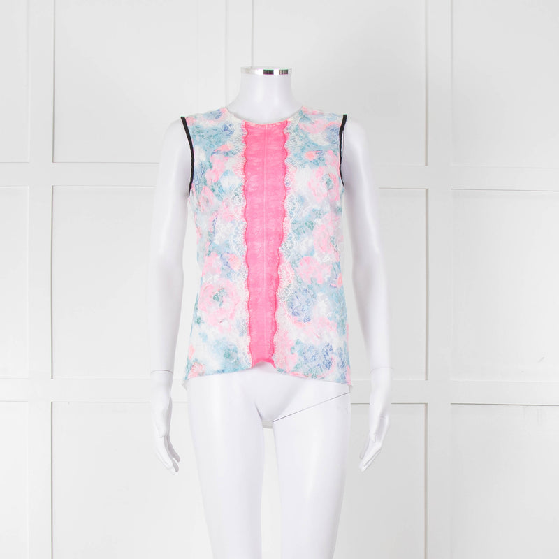 Sandro White Neon Pink Lace Front Sleeveless Top