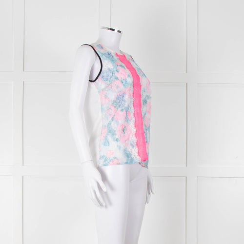 Sandro White Neon Pink Lace Front Sleeveless Top