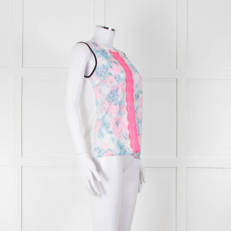 Sandro White Neon Pink Lace Front Sleeveless Top
