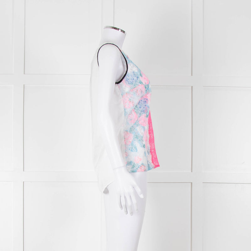 Sandro White Neon Pink Lace Front Sleeveless Top
